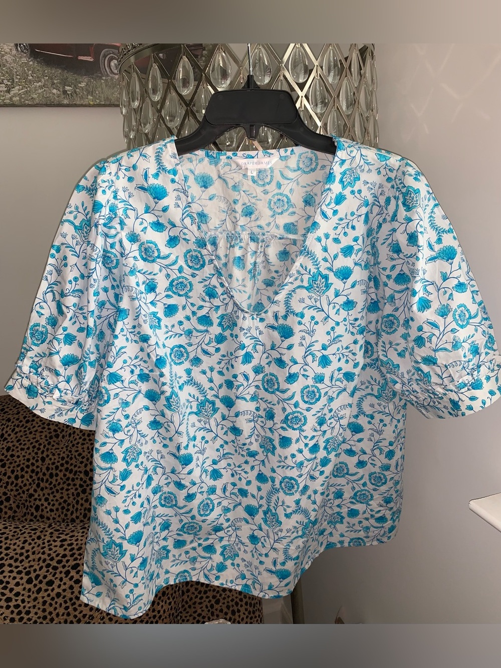 Draper James White Top with Turquoise Floral Print